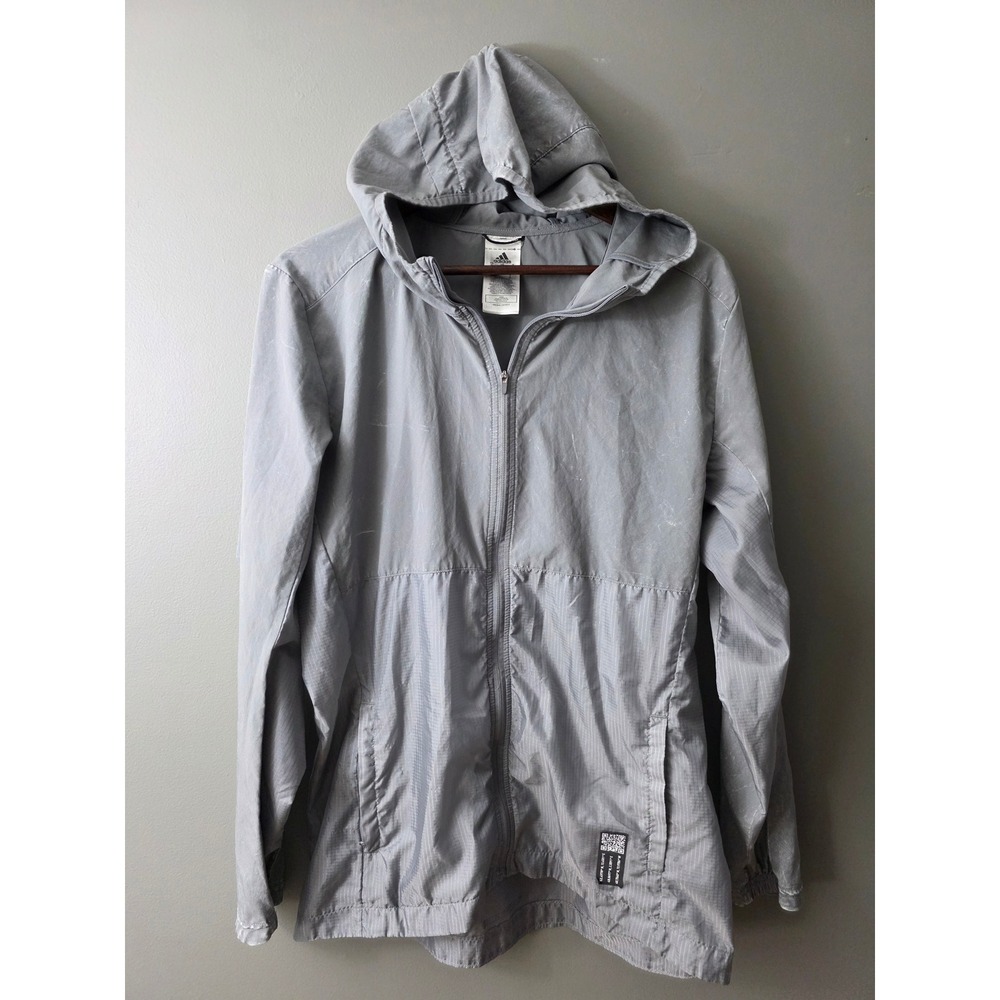 Adidas Mens Gray Full Zip Hooded Windbreaker Jacket Ripstop Distressed Medium